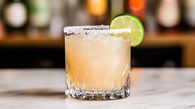 Classic margarita cocktail with salted rim and lime wedge served in a rocks glass on a bar counter - Powered by Adobe