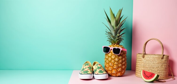 Funny pineapple wears pink sunglasses. Tropical print sneakers, woven straw bag, watermelon slice sit on bright split color background. Summer vacation style setup shows fun accessories for sunny