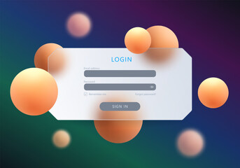 Modern glass entrance panel with floating orange spheres on colorful gradient background for website and app design