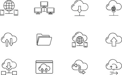 Cloud computing icons, data transfer, global connectivity, network diagram, cloud sync, file sharing, web upload, flat vector, tech symbols, digital access