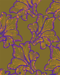 Big flower,Seamless watercolor floral pattern, flowers elements, green leaves branches on dark black background; for wrappers, wallpapers, postcards, greeting 