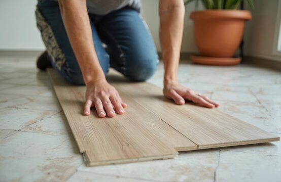 Person kneels on floor installing new laminate planks over existing tile. DIY home renovation project shows careful placement of wood effect flooring. Creating new interior design.