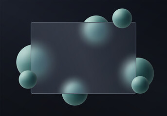 Glass morphism transparent frame with blue green spheres