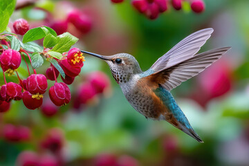 Fototapeta premium Hummingbird in Flight Nectaring from Vibrant Red Blossoms