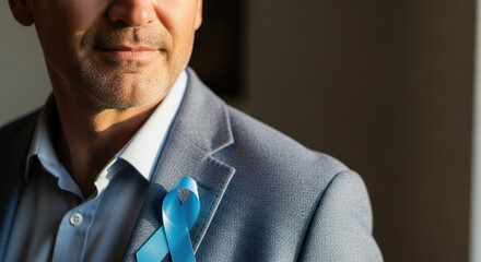 Prostate Cancer Awareness Month portrait with man in a suit wearing light blue ribbon. Image Prostate Cancer Awareness Month features man in a suit.