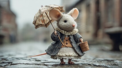 Adorable mouse in period clothing stands on a cobblestone street, holding an umbrella in the rain