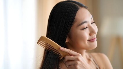 Young Woman Combing Wet, Shiny Black Hair - Beauty and Self-Care Routine