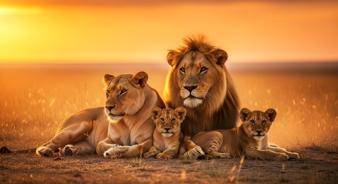 African lion family pride resting at sunset in the savanna grassland