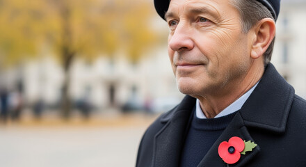 Remembrance Day portrait of mature man wearing poppy on coat outdoors. Remembrance Day celebration honors veterans and fallen soldiers in solemn reflection. Concept Remembrance Day and national pride,