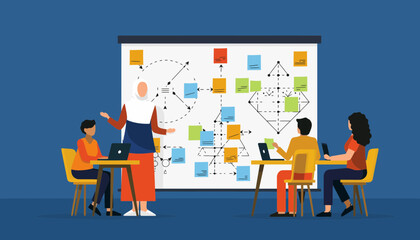 Fototapeta premium Business presentation with people collaborating on ideas around a large board