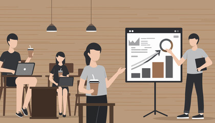 Business meeting presentation of growth charts and data analysis with colleagues
