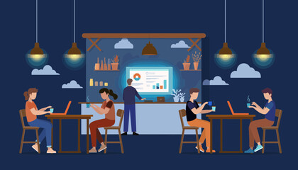 Informal business meeting with a digital presentation in a contemporary cafe environment at night