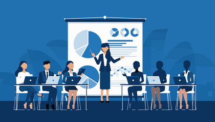 Dynamic business presentation with diverse team collaborating on financial data analysis and strategic planning