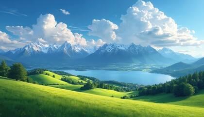 Green meadows roll gently towards calm blue lake. Majestic snow capped mountain peaks stretch across horizon. Bright sunny sky with large white cumulus clouds creates beautiful natural backdrop.