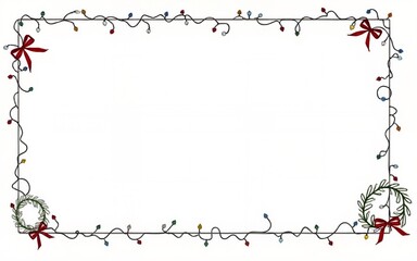 Hand drawn linear drawing Merry Christmas vintage frames set. Xmas borders with ribbons and bows, christmas wreath, Christmas lights garland. Minimalist design elements in coquette doodle style.