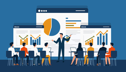 A business professional delivering a data analysis presentation to colleagues in a corporate meeting