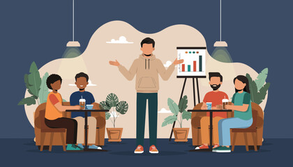 Diverse Group Engaging in a Dynamic Business Presentation and Discussion in a Cozy Cafe Setting