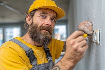 Electrician in Overalls Installs an Outlet With Care in a Modern Room Generative AI