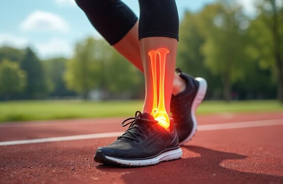 Runner suffers ankle pain on track. Athlete experiences foot injury during run. Joint inflammation shown. Healthcare concept. Sports medicine image bones. Shin injury. Leg pain. Injury risk during