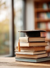Graduation cap on stack of learning books