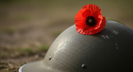 Remembrance Day, helmet and poppy, symbolizing respect for fallen heroes. Remembrance Day as a time of reflection, a war helmet holds symbolic poppy, representing sacrifice and remembrance,