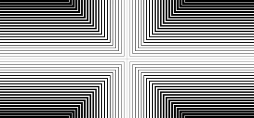 Symmetrical op-art background with black and white lines. Vector illustration with a geometric cross pattern and gradient effect.