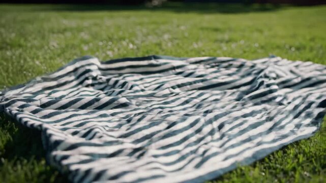 Striped picnic blanket on green grass in sunny park; recreation, outdoor.
