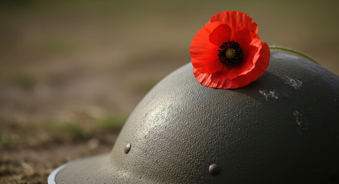 Remembrance Day, helmet and poppy, symbolizing respect for fallen heroes. Remembrance Day as a time of reflection, a war helmet holds symbolic poppy, representing sacrifice and remembrance,