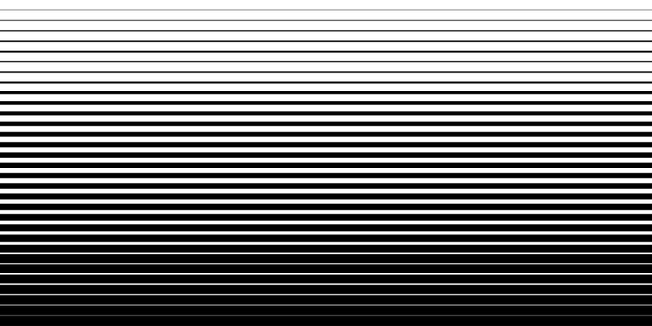 Halftone gradient pattern with horizontal lines. Abstract black and white background with a smooth transition from thin to thick stripes. Vector illustration.