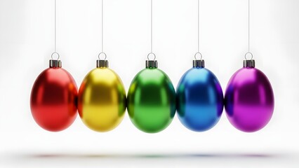 Obraz premium Five colorful christmas ornaments hanging in a row against white background