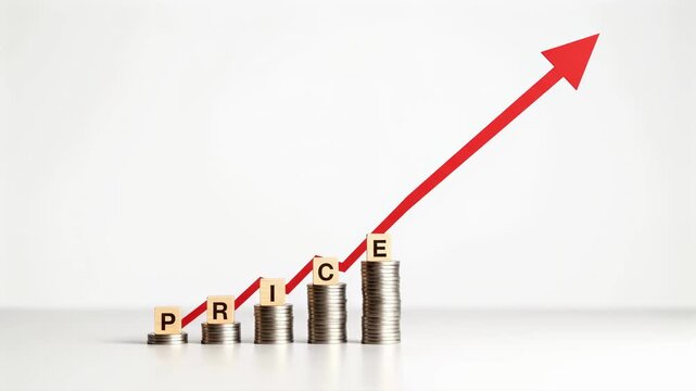 Rising price concept with stacks of coins and red arrow pointing up. Inflation and economic cost increase represented by wooden blocks. Financial market trend of growing value