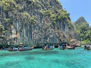 Crystal Clear Sea with Limestone Mountains at Krabi, Thailand