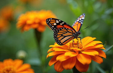 Obraz premium Monarch butterfly with orange wings sits on marigold flower. Beautiful insect feeds on nectar in summer garden. Closeup of wildlife on vibrant plant with blurred green background showing pollination
