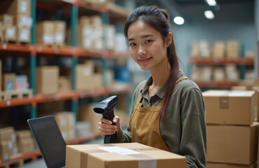Asian woman works in warehouse scanning parcel barcode with scanner for ecommerce order fulfillment. She checks inventory and prepares boxes for shipping using laptop.