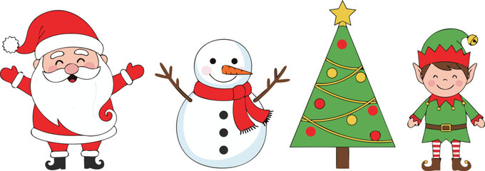 Festive holiday characters collection with cute cartoon illustrations of Santa, a snowman, an elf, and a Christmas tree