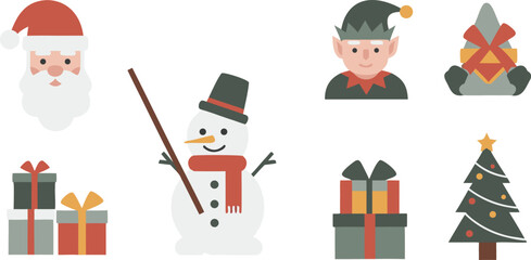 A collection of festive flat design Christmas icons featuring Santa, an elf, a snowman, decorated gifts, and a cheerful Christmas tree, ideal for seasonal graphic projects