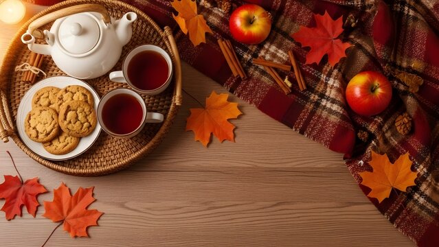 Autumn tea time cozy still life with treats and fall foliage