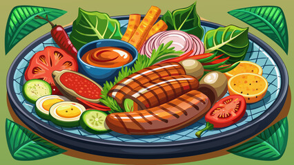Very beautiful semi-realistic vector illustration of grilled sausages served on a rustic plate with Asian-inspired accompaniments, featuring vibrant vegetables, dipping sauces, and aromatic garnishes 