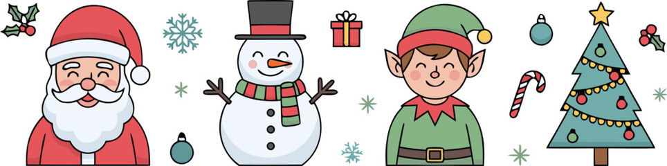 Festive Christmas Characters Santa, Snowman, Elf, Candy Cane, and Tree Illustrations