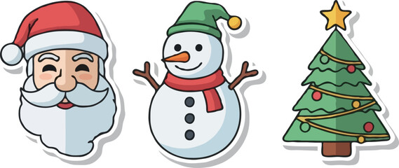 Festive Christmas Icons Santa, Snowman, and Tree with Decorations