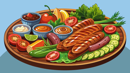 Very beautiful semi-realistic vector illustration of grilled sausages served on a rustic plate with Asian-inspired accompaniments, featuring vibrant vegetables, dipping sauces, and aromatic garnishes 