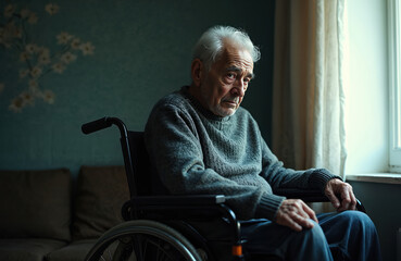 Elderly man sits alone in wheelchair indoors by window. He looks sad, tired, contemplating life. Old age, disability, loneliness are evident in his pensive expression. This man faces health issues.
