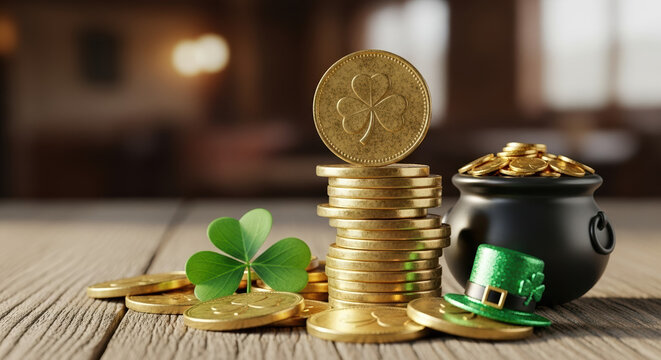 Celebrate Saint Patrick's Day with lucky coins and shamrocks on rustic wood. This Saint Patrick's Day image showcases gold coins stacked high, a pot of gold, and green shamrocks, - Powered by Adobe