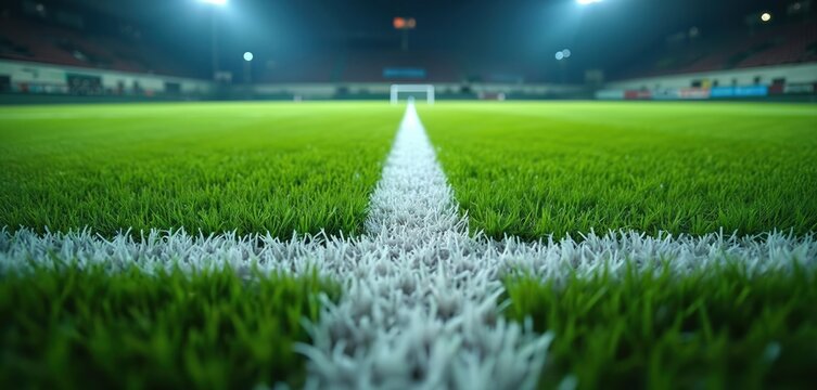 Green grass covers sport stadium pitch. White lines mark soccer field. Foreground view to football goal under illumination at night. Sport arena before match at sports ground. - Powered by Adobe