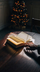 Open book on wooden table near Christmas tree