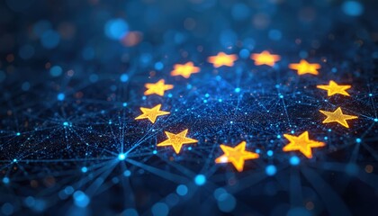 Plakat EU stars glow on abstract digital network. Futuristic tech connects global data points. Cybersecurity laws ensure data protection and privacy for all citizens.