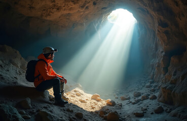 Obraz premium Young man explores deep cave. Wears helmet, headlamp, orange jacket. Sunlight pierces dark cavern from rock opening above. Adventurer sits, enjoying quiet moment underground, reflecting in light