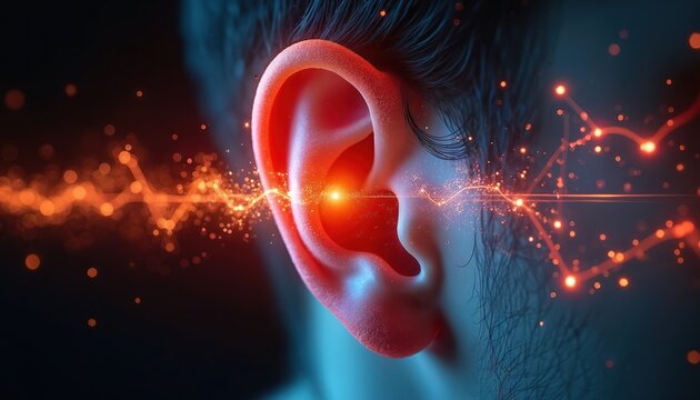 Human ear receiving digital sound waves in abstract representation of hearing and data transmission. Auditory perception meets cybernetic interface. Sound energy input, sensory data flow.