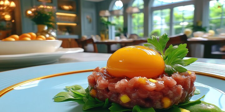 Raw beef tartare topped with raw egg yolk and parsley on blue plate, gourmet French fine dining, bright natural light