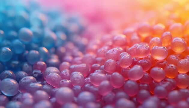Close-up of colorful plastic pellets. Small round beads in blue, pink, orange hues. Polymer granules in different colors. Plastic material for industrial production. Raw plastic beads for